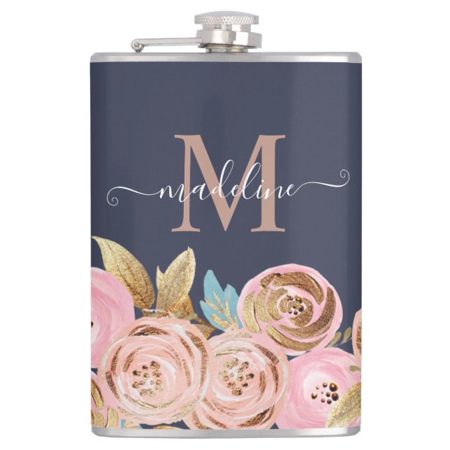 Monogram Pink Glitter Girly Glam Floral Glitter  Flask (Front)