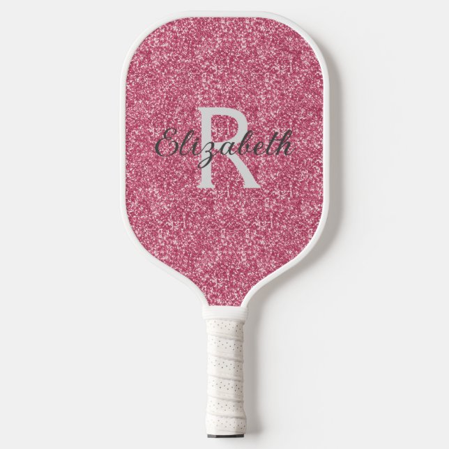Monogram Pink Glitter Gray Sparkle Trendy Glam Pickleball Paddle (Front)