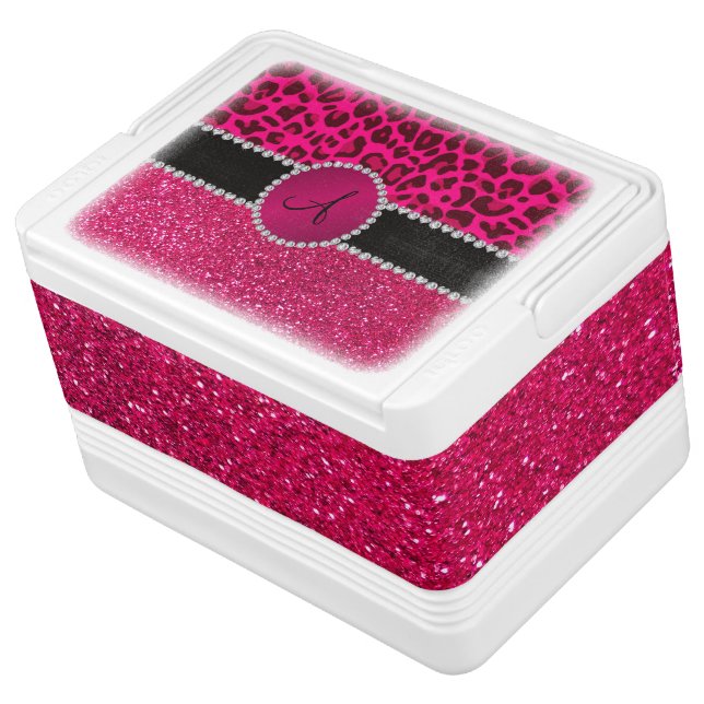 Monogram pink glitter neon hot pink leopard cooler (Angled)