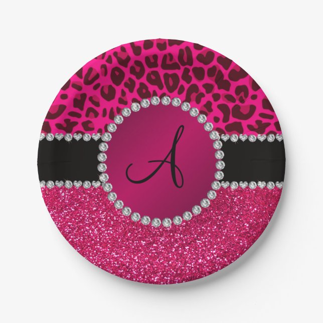 Monogram pink glitter neon hot pink leopard paper plates (Front)