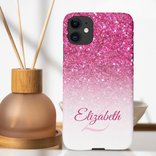 Monogram Pink Glitter Ombre First Name Custom iPhone 11 Case