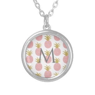 Monogram Pink Glitter Pineapple Silver Plated Necklace