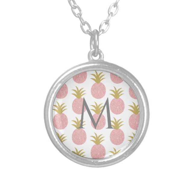 Monogram Pink Glitter Pineapple Silver Plated Necklace (Front)