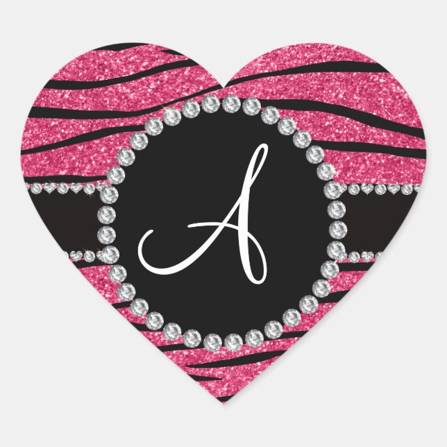 Monogram pink glitter zebra stripes circle heart sticker (Front)