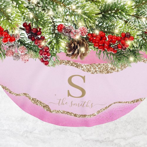 Monogram Pink Gold Agate Marble Elegant Christmas Brushed Polyester Tree Skirt