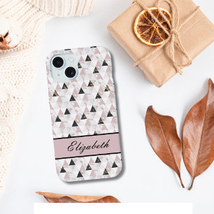 Monogram Pink Gold Black White Marble Geometric iPhone 15 Case