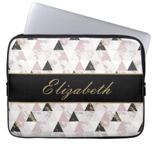 Monogram Pink Gold Black White Marble Geometric Laptop Sleeve