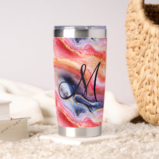 Monogram Pink Gold Blue Glitter Swirl Marble Insulated Tumbler