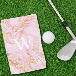 Monogram Pink Gold Glitter Marble Golf Towel