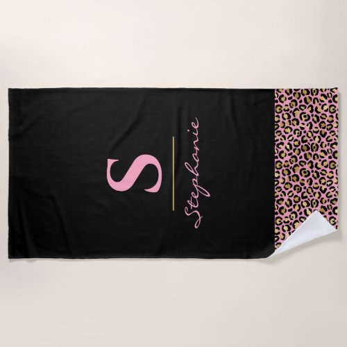 Monogram  Pink  Gold Leopard Print  Color Block Beach Towel