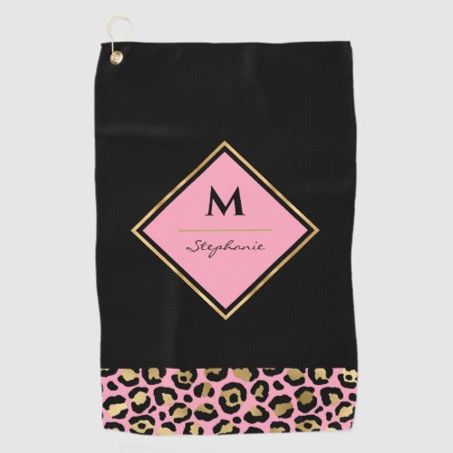 Monogram  Pink  Gold Leopard Print  Color Block Golf Towel