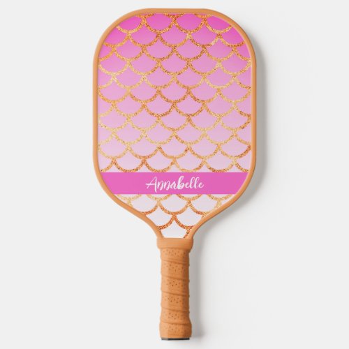 Monogram Pink Gold Mermaid Pattern Glitter Sparkle Pickleball Paddle