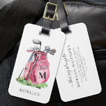 Monogram Pink Golf Bag Luggage Tag<br><div class="desc">This elegant monogram golf bag or luggage tag features a stylish pink watercolor golf bag filled with clubs, surrounded by a touch of green grass. The design incorporates a simple serif font initial monogram on the bag, blending seamlessly into the overall design. Below the monogram, the full name is displayed...</div>