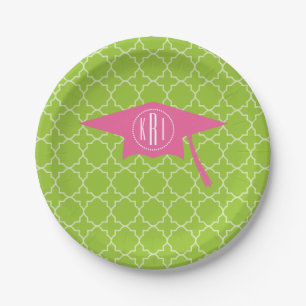 Monogram Pink Graduation Cap + Green Quatrefoil Paper Plates