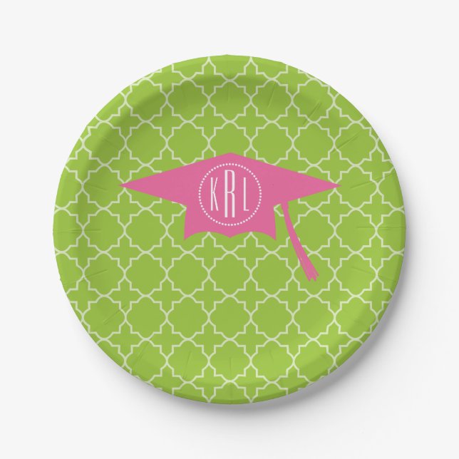 Monogram Pink Graduation Cap + Green Quatrefoil Paper Plates (Front)