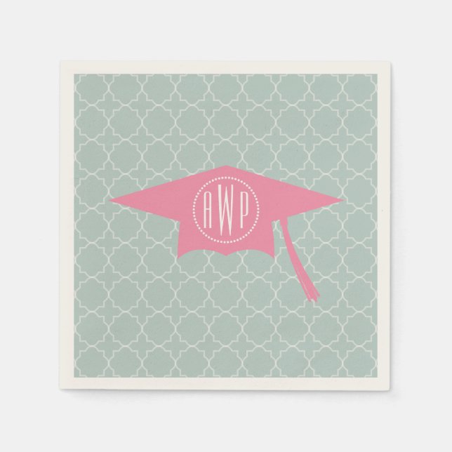Monogram Pink Graduation Hat + Quatrefoil Paper Napkins (Front)