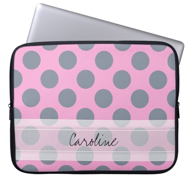 Monogram Pink Gray Chic Polka Dot Pattern Laptop Sleeve (Front)