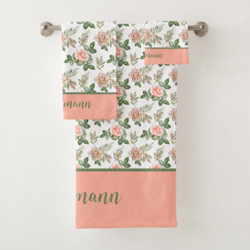 Monogram Pink Gray Floral Flowers Roses Gift Bath Towel Set