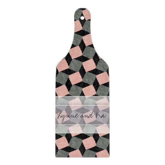 Monogram Pink Gray Geometric Ikat Square Pattern Cutting Board (Front)