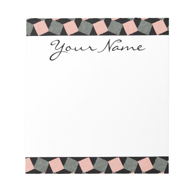 Monogram Pink Gray Geometric Ikat Square Pattern Notepad (Front)