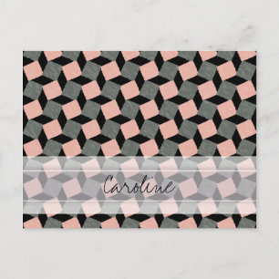 Monogram Pink Gray Geometric Ikat Square Pattern Postcard
