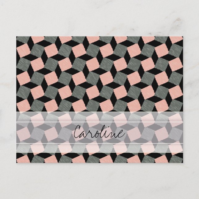 Monogram Pink Gray Geometric Ikat Square Pattern Postcard (Front)