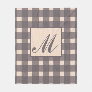 Monogram Pink Gray Gingham Pattern Fleece Blanket