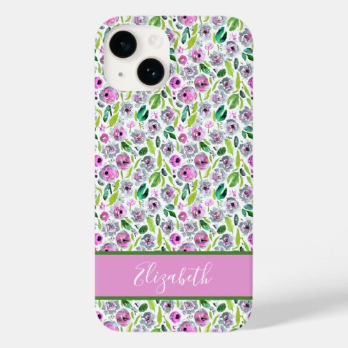 Monogram Pink Gray Green Boho Watercolor Floral  Case_Mate iPhone 14 Case