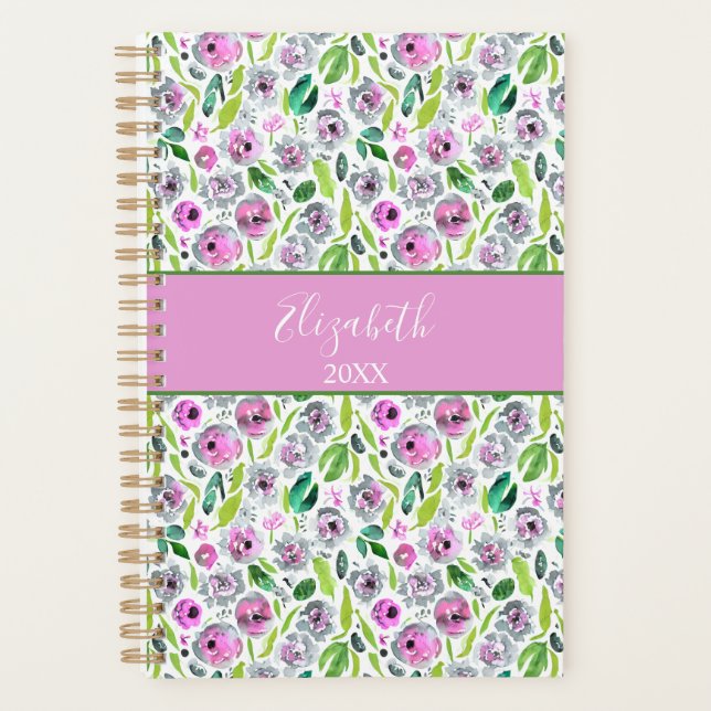 Monogram Pink Gray Green Boho Watercolor Floral  Planner (Front)