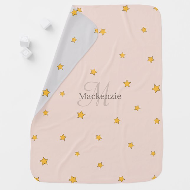 Monogram Pink Gray Lucky Stars Custom Name Cute Baby Blanket (In Situ)