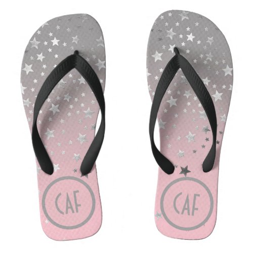 Monogram Pink Gray Stars Ombre Stylish Chic Trendy Flip Flops