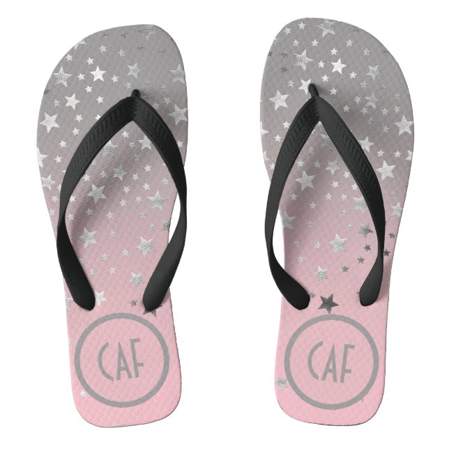 Monogram Pink Gray Stars Ombre Stylish Chic Trendy Flip Flops (Footbed)