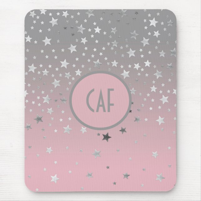 Monogram Pink Gray Stars Ombre Trendy Chic Mouse Pad (Front)