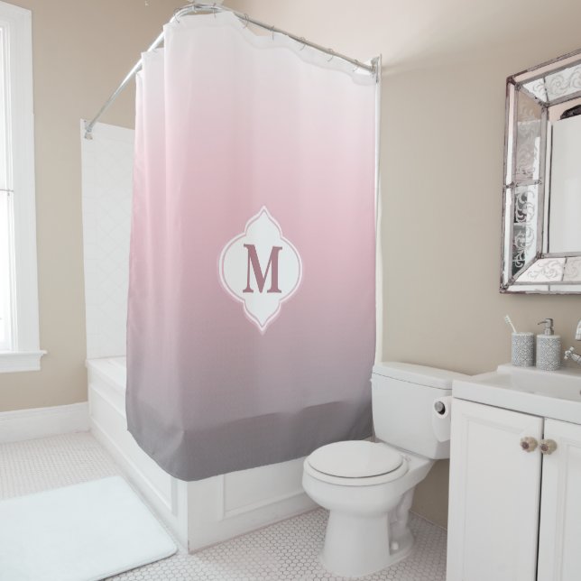 Monogram Pink Gray White Ombre Shower Curtain (In Situ)