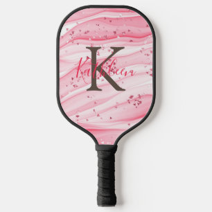 Monogram Pink Gray White Sparkle Glitter Swirl Pickleball Paddle