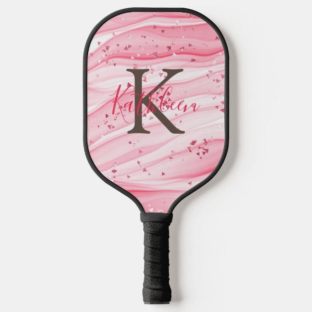 Monogram Pink Gray White Sparkle Glitter Swirl  Pickleball Paddle (Front)