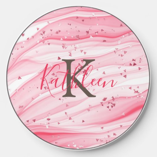 Monogram Pink Gray White Sparkle Glitter Swirl Wireless Charger