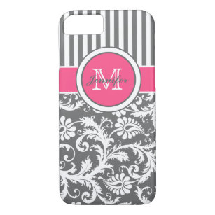 Monogram Pink Gray White Striped Damask iPhone 8/7 Case