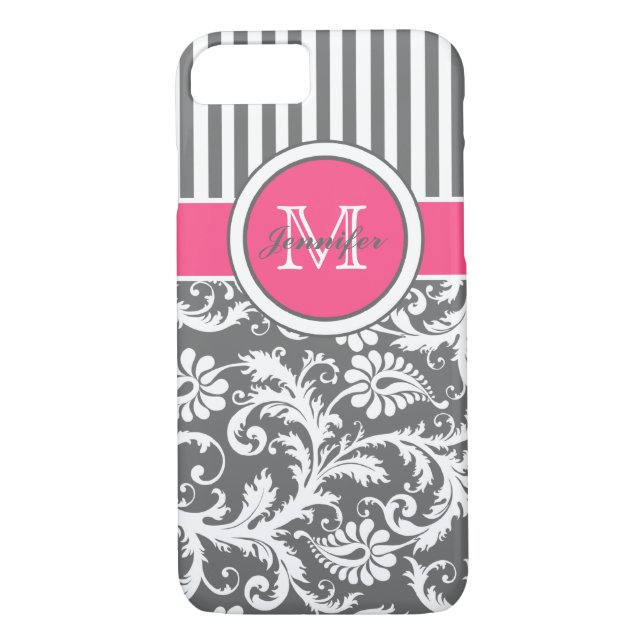 Monogram Pink Gray White Striped Damask Case-Mate iPhone Case (Back)