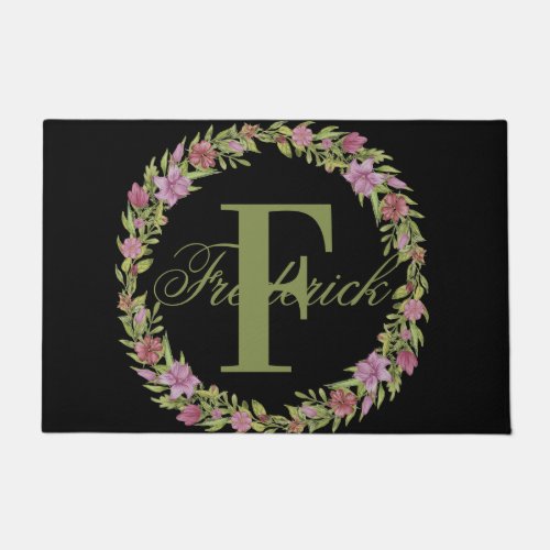 Monogram Pink Green Black Floral Wreath  Doormat