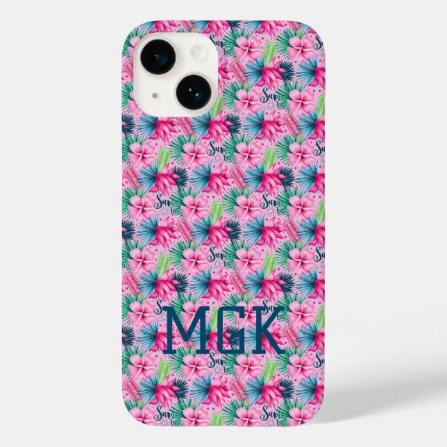 Monogram Pink Green Blue Floral Bright Tropical  Case-Mate iPhone Case (Back)