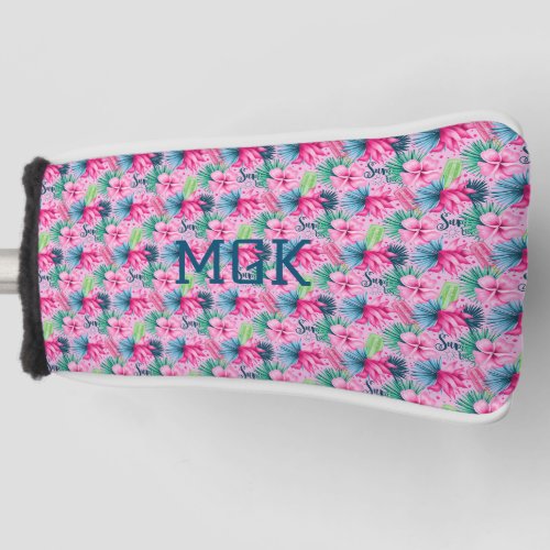 Monogram Pink Green Blue Floral Bright Tropical  Golf Head Cover