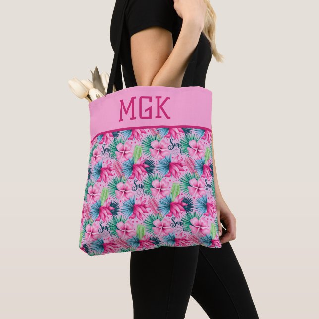 Monogram Pink Green Blue Floral Bright Tropical   Tote Bag (Close Up)