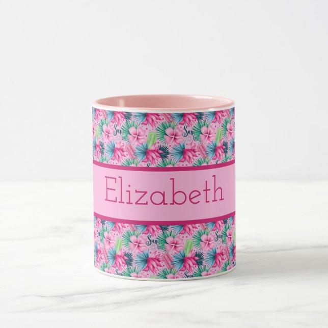 Monogram Pink Green Blue Tropical Flowers  Mug (Center)