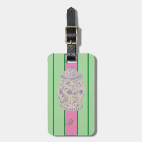 Monogram Pink Green Chinoiserie Ginger Jar Jars Luggage Tag