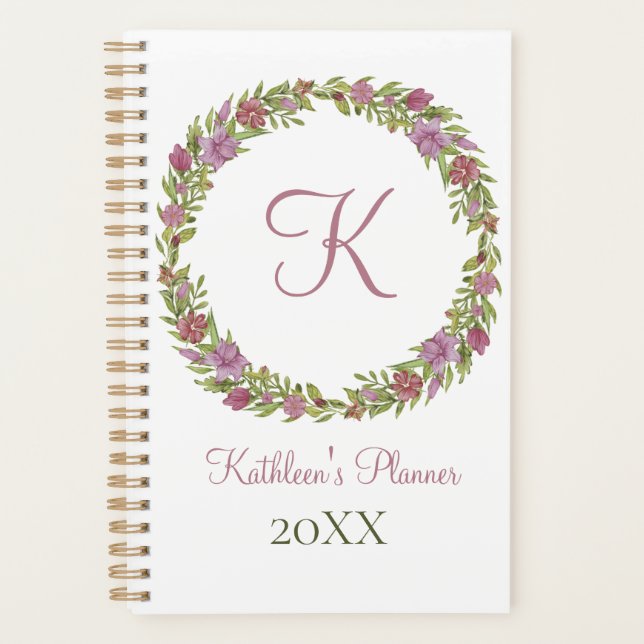 Monogram Pink Green Floral Any Year Planner (Front)