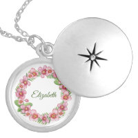 Monogram Pink Green Floral Bridesmaid Gift Locket Necklace