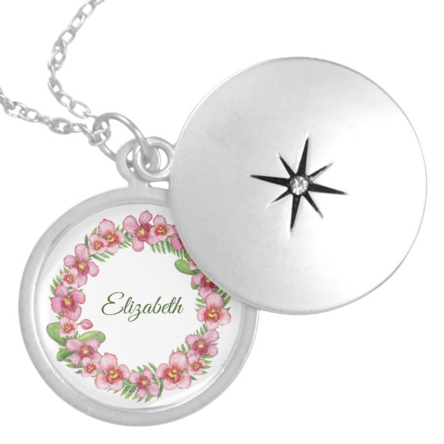 Monogram Pink Green Floral Bridesmaid Gift Locket Necklace (Front)