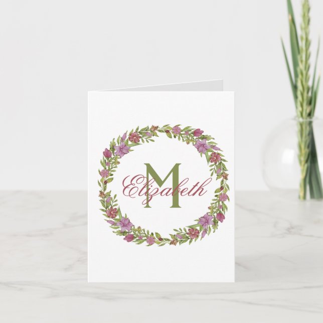 Monogram Pink Green Floral Last Name Thank you Note Card (Front)