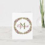 Monogram Pink Green Floral Last Name Thank you Note Card
